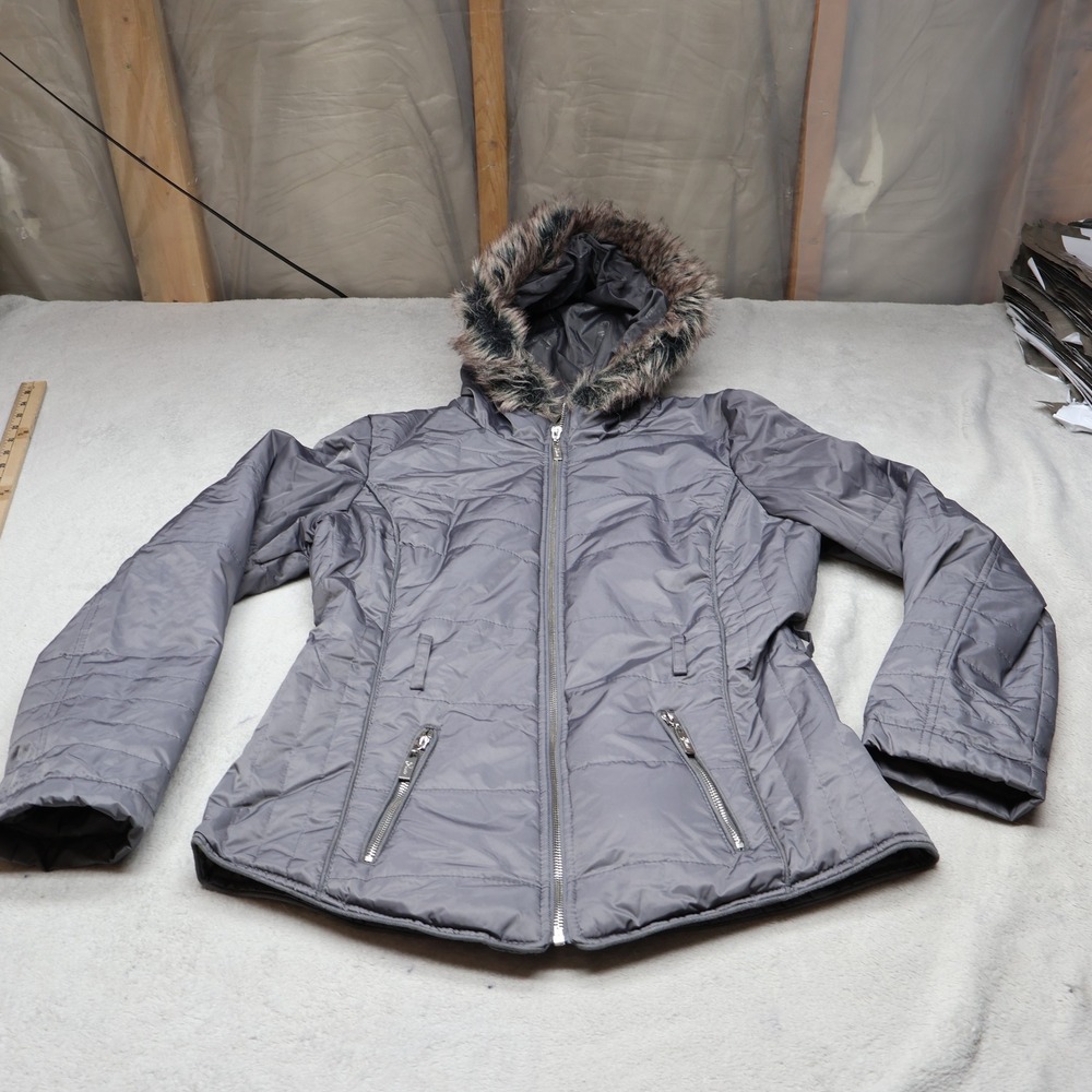 Guess Jacket Womens Large Grey Belted Faux Fur Hood Quilted Full Zip Winter Puff